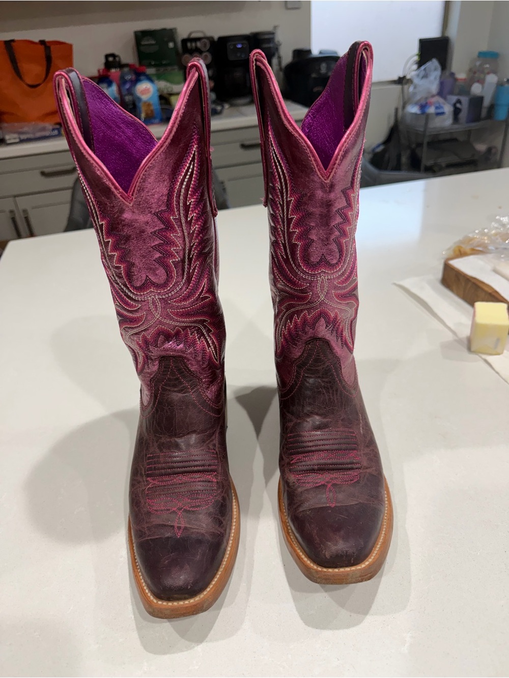 Ariat Pink metallic and brown leather Embroidered Western Heeled Boots 7 B